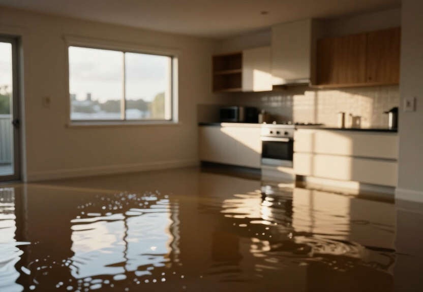 Flooded kitchen in Gordon home before drying